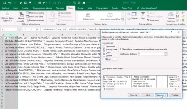 Dividir texto en columnas Excel