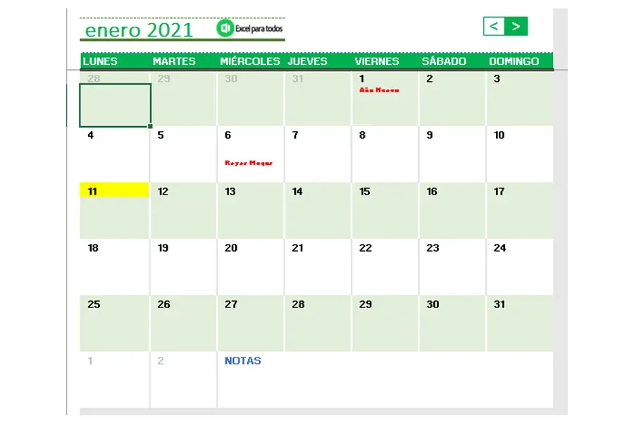 Plantilla Excel Calendario 2021