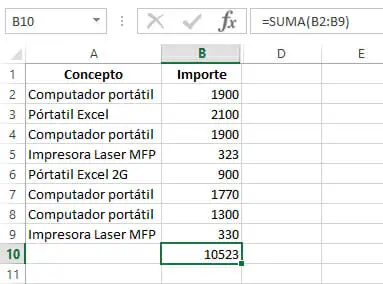 Función SUMA de Excel