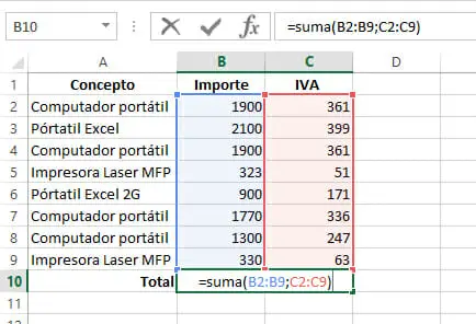 Función SUMA de Excel