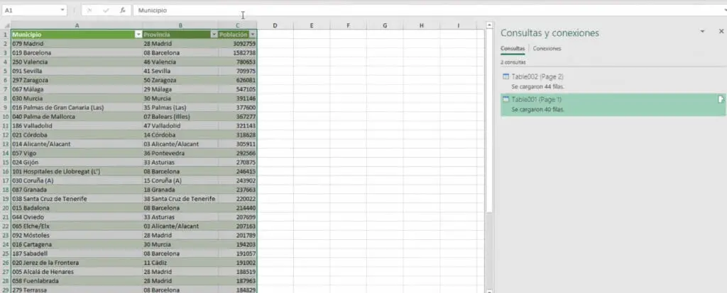 Datos del PDF convertido en Excel