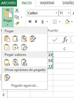 Pegado especial de celdas en Excel