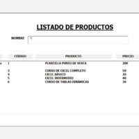 Modulo de productos de la plantilla control de ingresos y gastos para empresas
