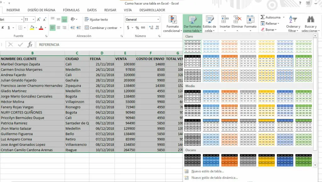 Tabla en Excel con estilo y formato