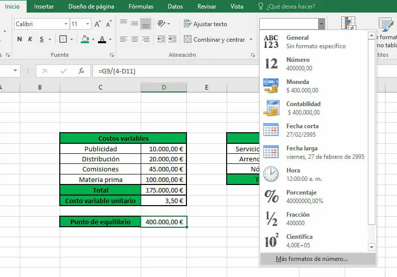 Calcular el punto de equilibrio en Excel - Paso 4