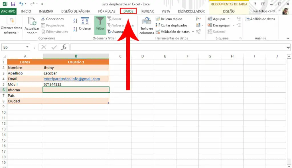 Pestaña datos en Excel