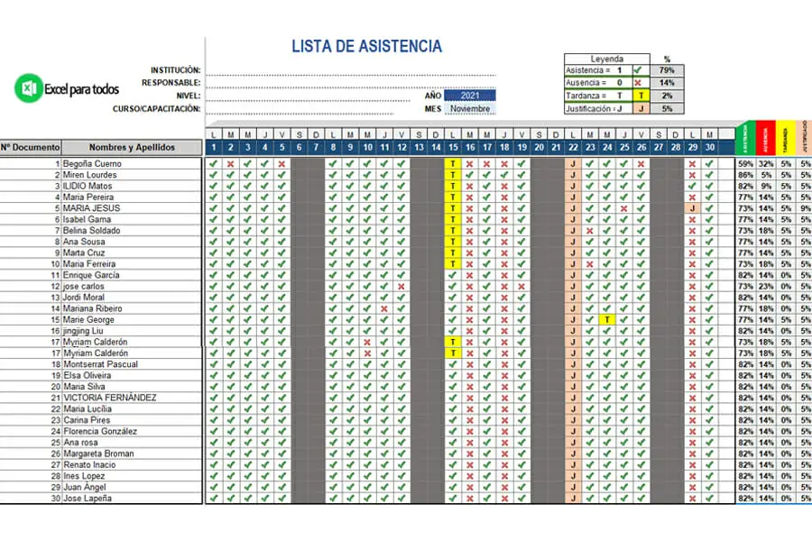 Lista de asistencia en Excel