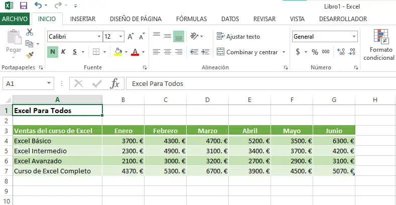 Ejemplo para combinar celdas en Excel