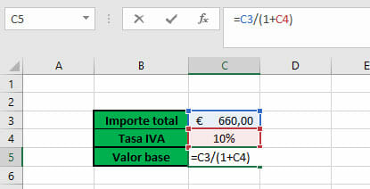 Quitar el IVA a una cantidad en Excel