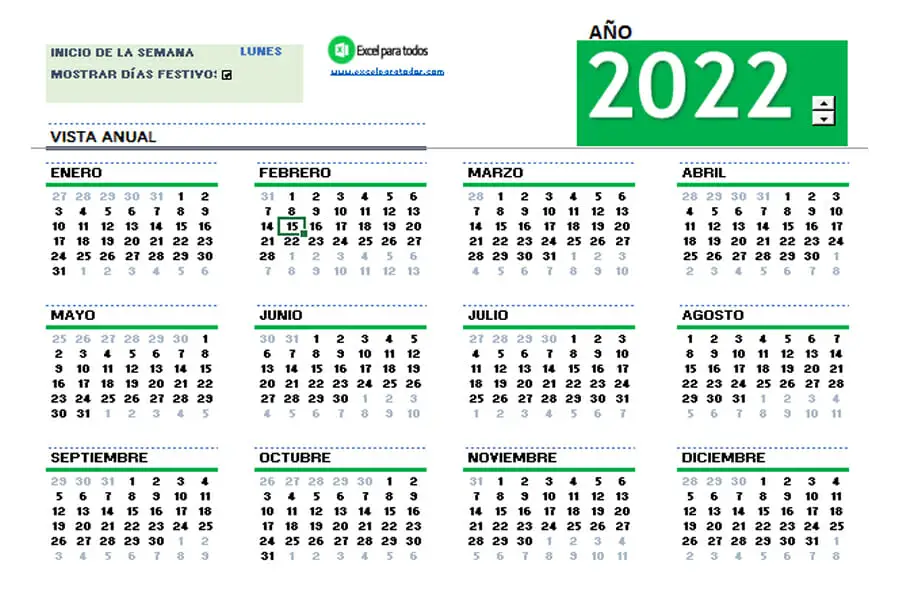 Plantilla Calendario 2022 Excel