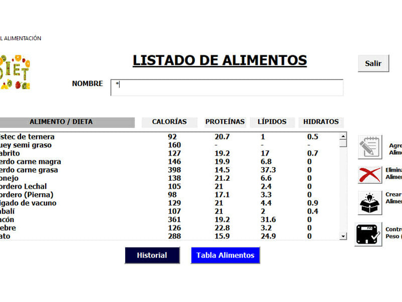 Plan alimenticio - Plantilla de Excel - Listado de alimentos