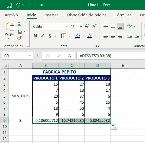 Calcular desviación estándar en Excel