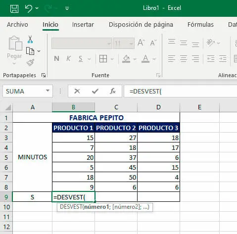 Ejemplo formula para calcular la desviación estándar en Excel