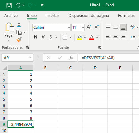 Función DESVEST en Excel