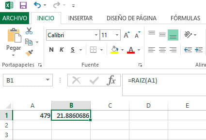 Raíz cuadrada en Excel fórmula