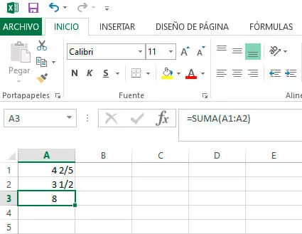 Sumar fracciones en Excel