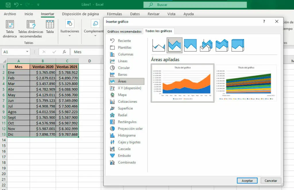 Crear gráfico de áreas en Excel