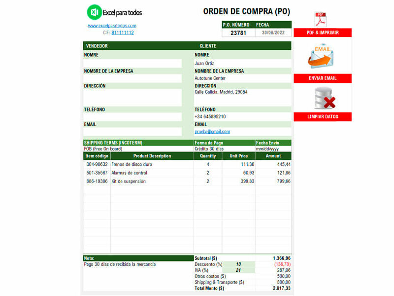 Orden de compra formato en Excel