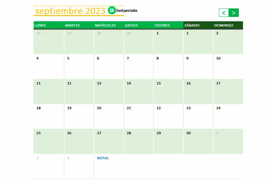 Calendario mes Septiembre 2023 en Excel