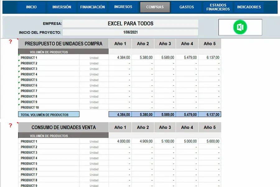 Compras de productos Plan de Negocios en Excel
