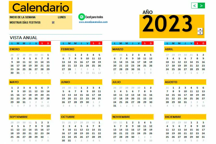 calendario 2023 en Excel