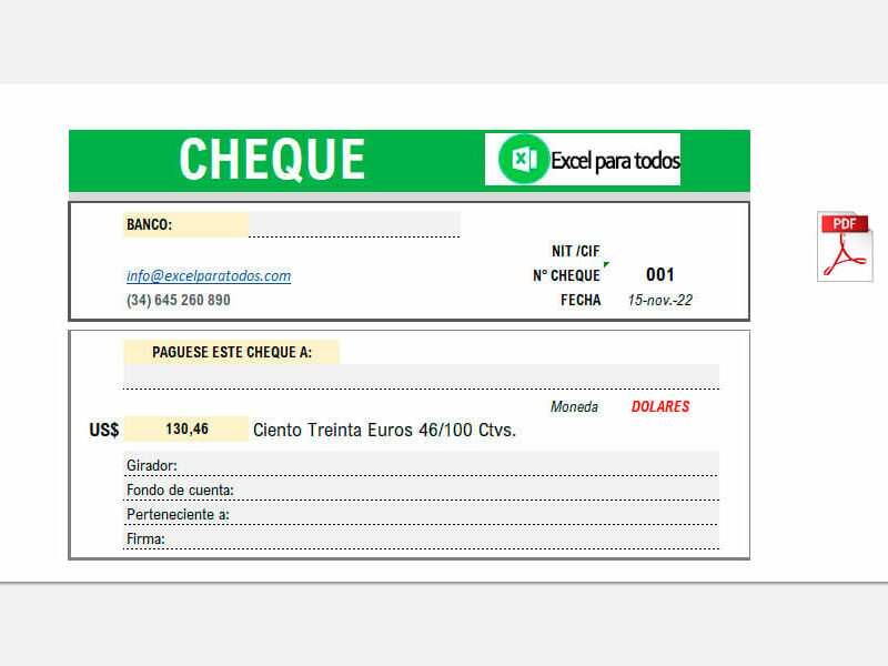 Formato de Cheque en Excel