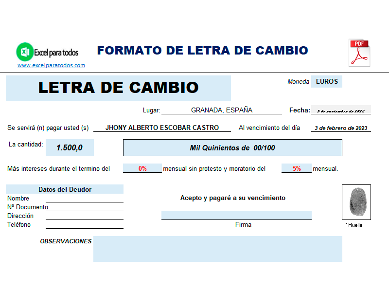 Formato letra de cambio