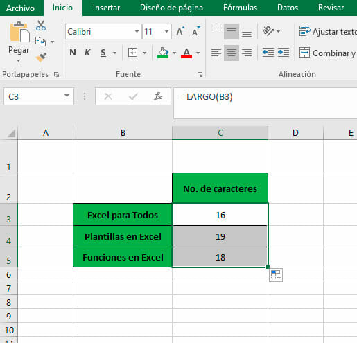 contar caracteres en varias celdas en Excel