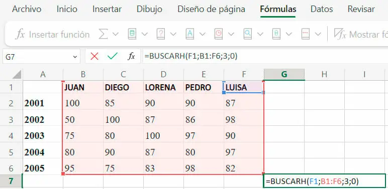 Función BUSCARH en Excel