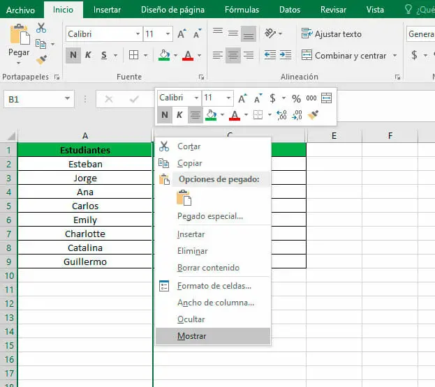 Mostrar todas las celdas ocultas en Excel