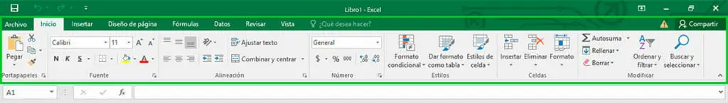Cinta de opciones de la ventana de Excel