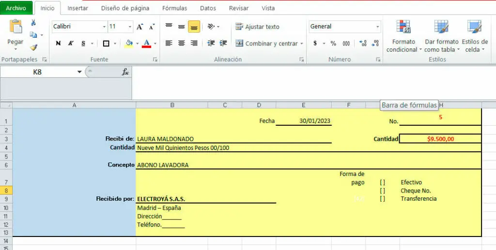 Como hacer un recibo de caja en Excel paso 2