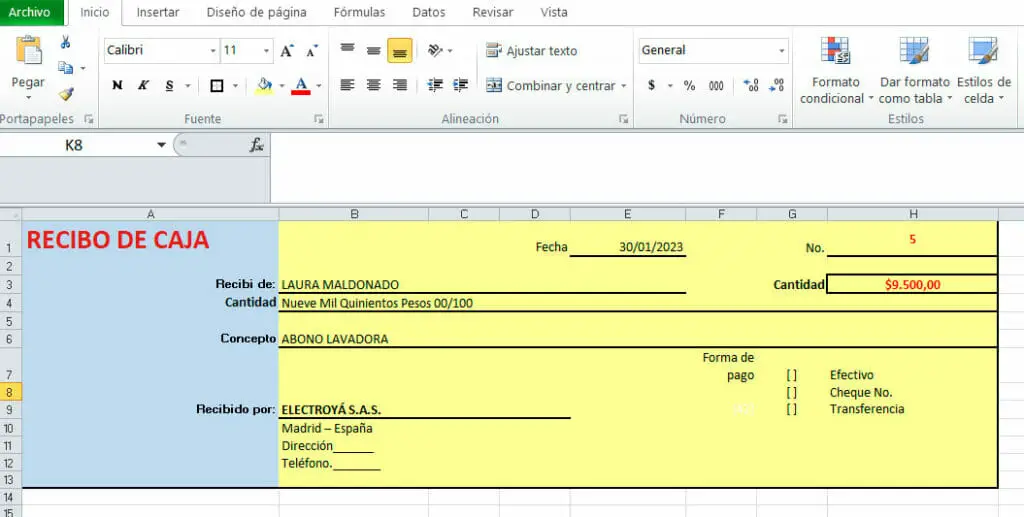 Como hacer un recibo de caja en Excel paso 3