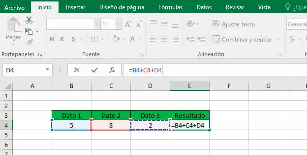 Ejemplo de barras de formula de Excel
