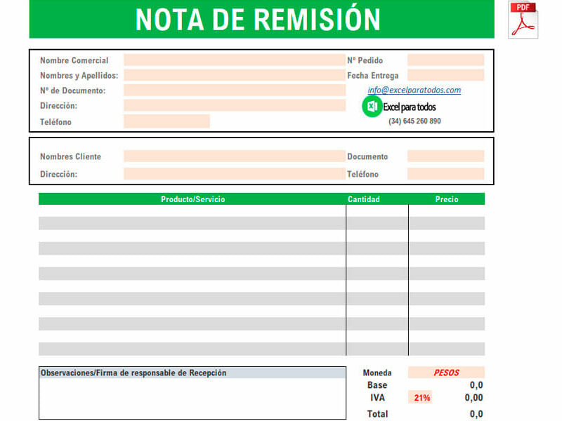 Formato nota de remisión editable en Excel