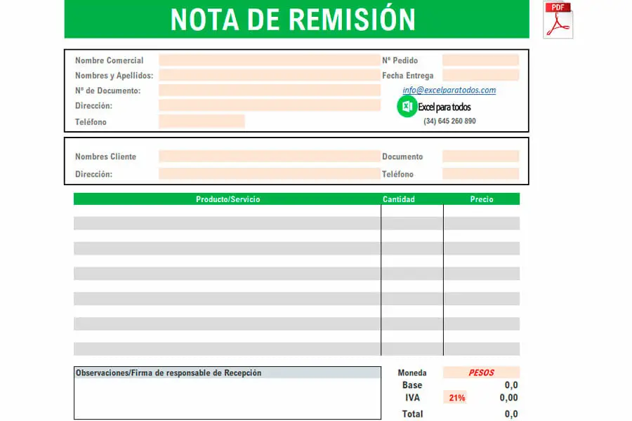 Formato nota de remisión editable en Excel