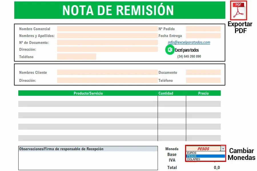 Formato nota de remisión en Excel
