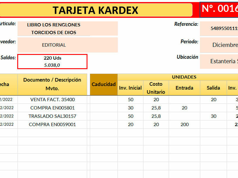 Formato tarjeta Kardex en Excel