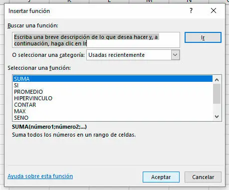 Insertar función barra de formulas en Excel