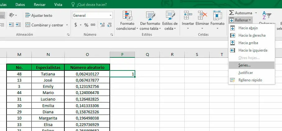 Series muestreo aleatorio simple en Excel