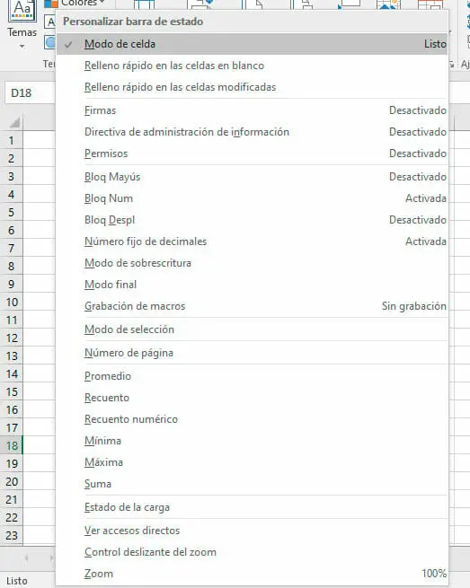 Activar la barra de estado en Excel