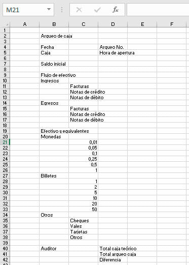 Arqueo de caja en Excel