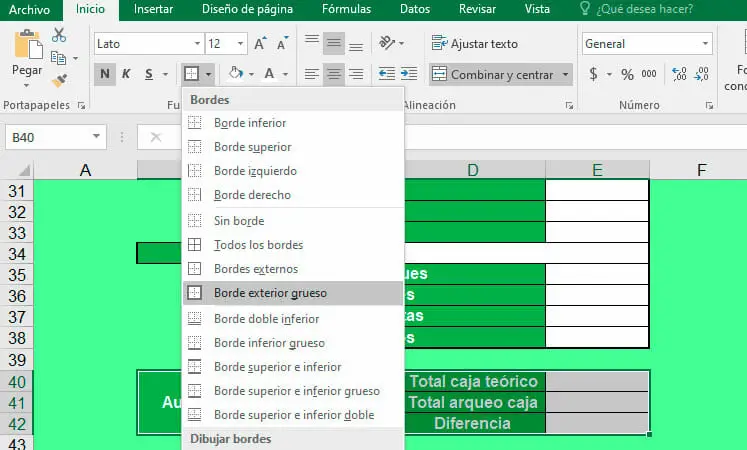 Personalizar borde grueso al arqueo de caja en Excel