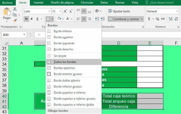 Personalizar bordes al arqueo de caja en Excel