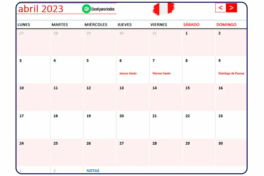 Calendario abril 2023 Peru