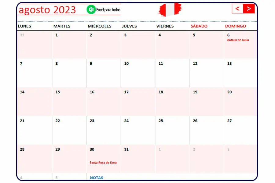 Calendario agosto 2023 Peru