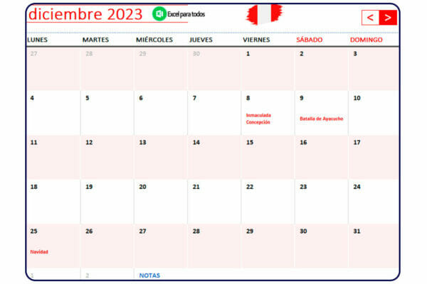 Calendario 2023 Perú con Feriados | Descarga en Excel y PDF