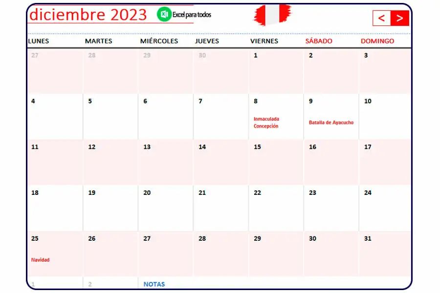 Calendario diciembre 2023 Peru