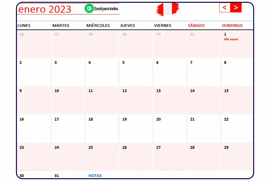Calendario enero 2023 Peru