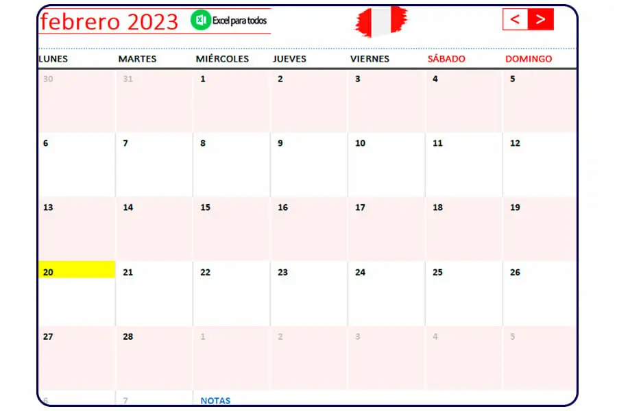Calendario febrero 2023 Peru